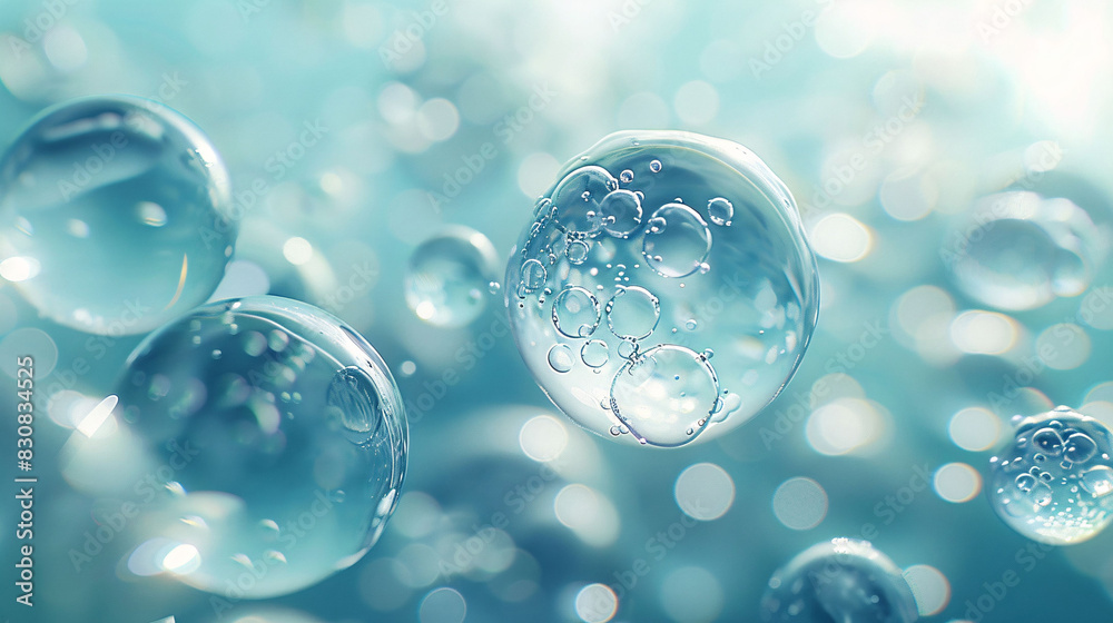 Water droplets water molecules and bubbles on blue white background Water droplets water molecules and bubbles on blue white background
