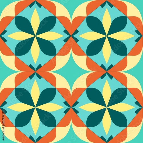 Colorful seamless pattern with abstract floral shapes in vibrant shades of blue, yellow, orange, and red on a white background, ideal for textiles, wallpapers, tileAbstract floral pattern