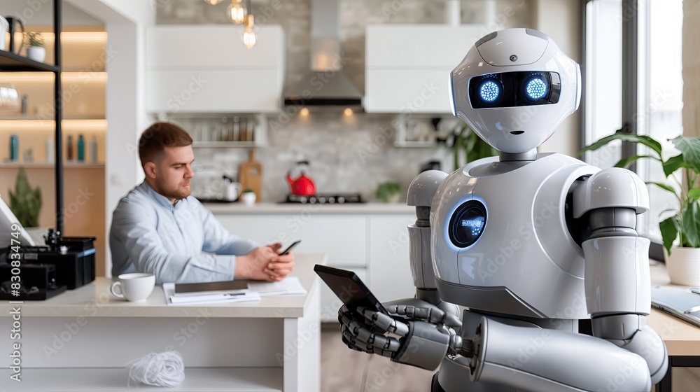 a humanoid robot, impeccably dressed in business attire, multitasking in the kitchen of a modern minimalist home while an adult man sits nearby, absorbed in his phone and paperwork.