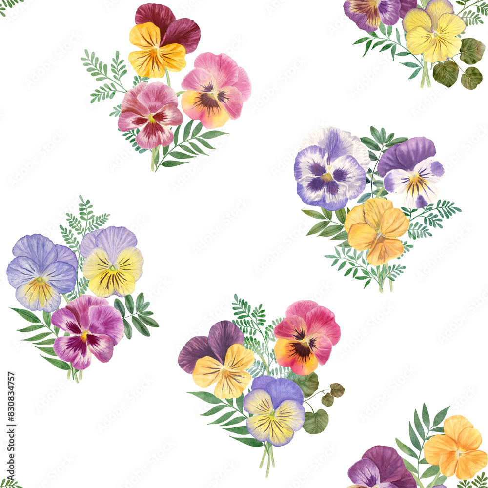 Pansy flowers bouquet watercolor seamless pattern isolated on white. Viola flowers, green leaves spring romantic arrangement. detailed botanical illustration