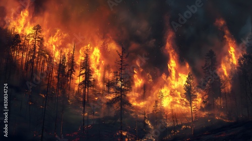 6. Wildfires raging through a dry forest, with towering flames engulfing trees, depicting the increasing frequency of extreme weather events.