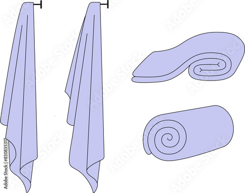 Hotel bath towel line icons. Stacked textile fabric, fluffy roll for bathroom and kitchen, vector illustration of folded and hanging towels for bathroom isolated on white background