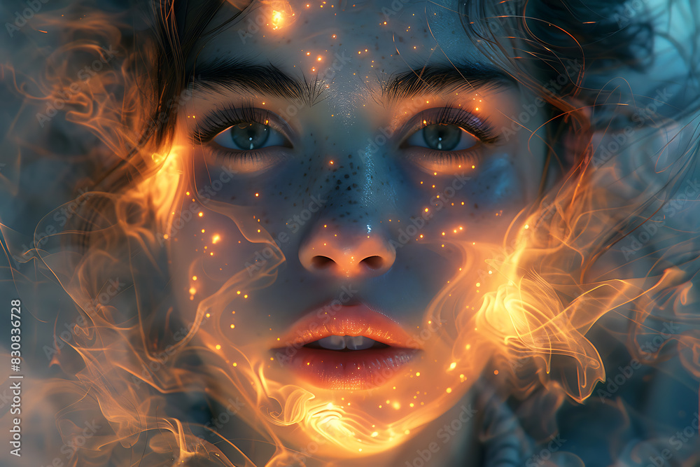 A striking image of a girl magician or witch conjuring beautiful radiance and illuminations, with the manifestation of magic creating an enchanting and mystical atmosphere