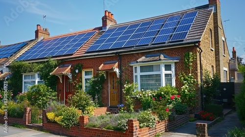 Solar panels installed on the roof of a typical terraced house, harnessing renewable energy for sustainable living