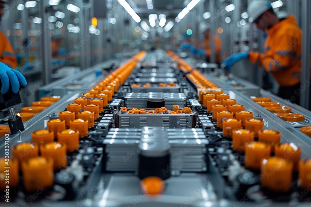 Fototapeta premium Factory line with workers in orange suits and blue gloves