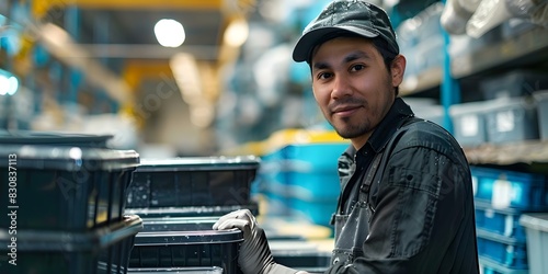 Employee working in a plastic manufacturing facility. Concept Plastic Manufacturing, Employee Safety, Production Efficiency, Quality Control, Equipment Maintenance photo