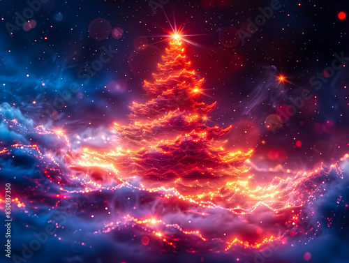 A vibrant, digitally created scene of a Christmas tree illuminated by a warm glow against a starry night sky