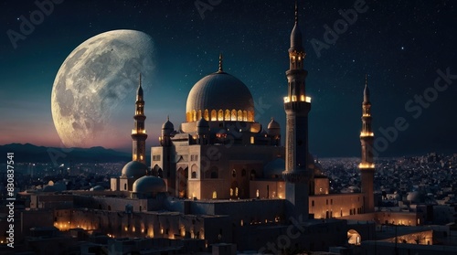 Idyllic Islamic Urban Silhouette against Cosmic Background