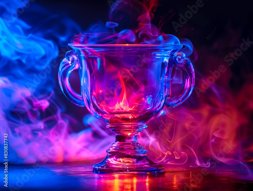 Trophy cup make from glass material on smoke background with vibrant blue light and purple light 