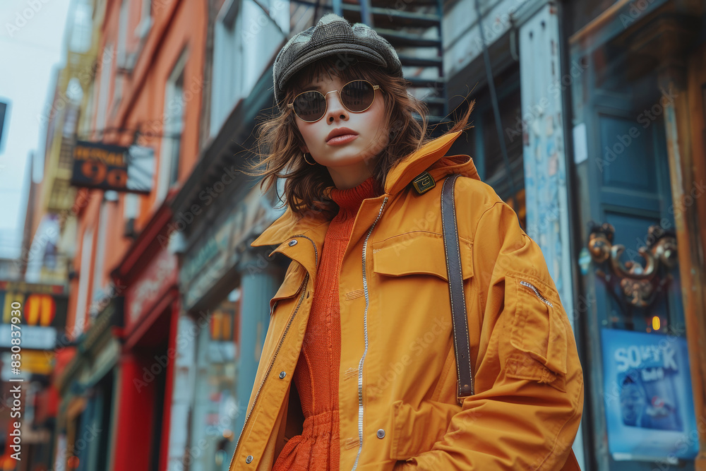 Woman in yellow jacket and hat in front of building Woman in yellow jacket and hat in front of building