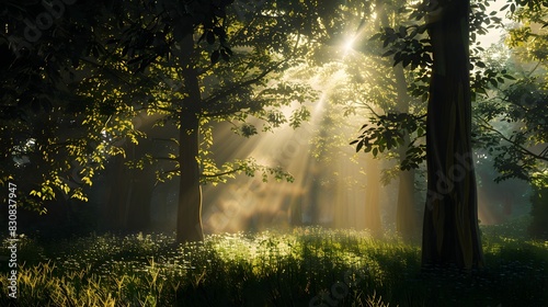 Sunlight streaming through trees in a serene forest.