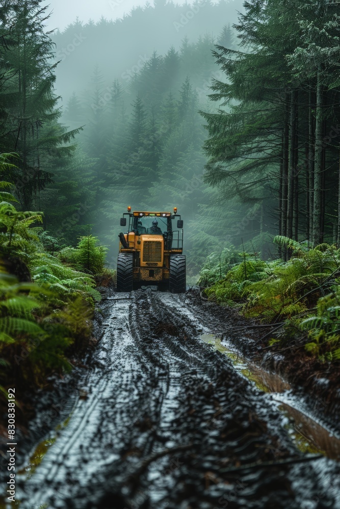 Tractor traversing muddy road in forestry scene Tractor traversing muddy road in forestry scene