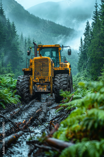 Yellow tractor driving through forest