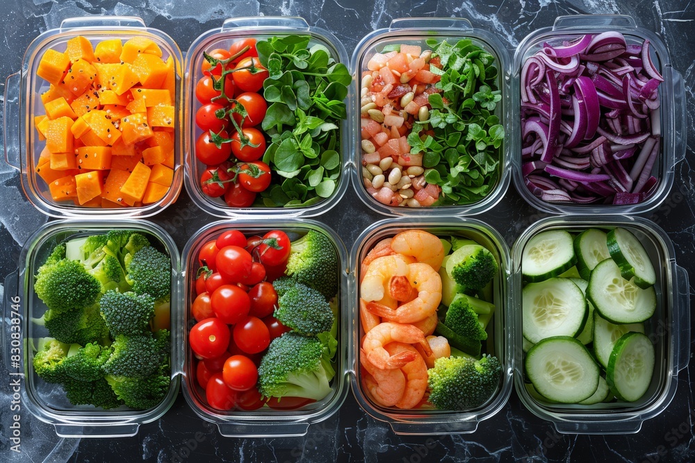 Set of six plastic containers filled with different types of vegetables