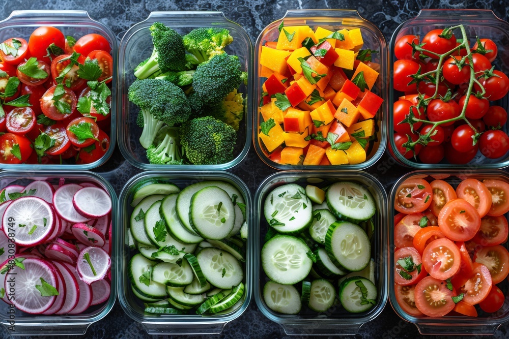 Group of containers overflowing with fresh vegetables Group of containers overflowing with fresh vegetables