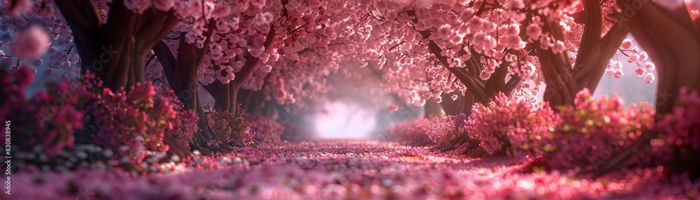 Fototapeta premium A romantic pathway lined with cherry blossom trees, their pink canopies creating a vibrant tunnel of flowers in a spring landscape