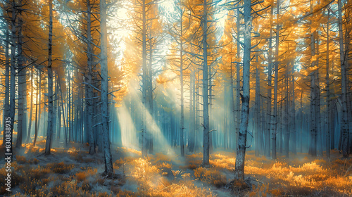A forest of tall pine trees with sunlight filtering through the branches, creating a serene and peaceful woodland scene © wannapong