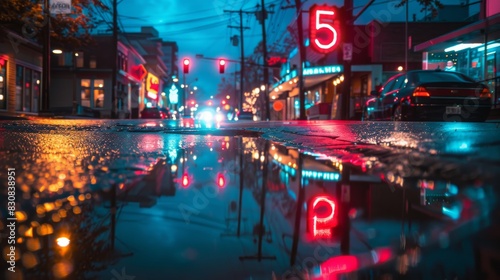 A city street with a neon sign that says 5 photo
