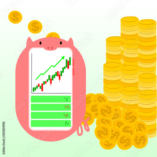 Vector illustration in concept Inserting coins into the phone It is shaped like a piggy bank and has a graph showing profit growth, returns, saving money, saving money for investment, financial growth