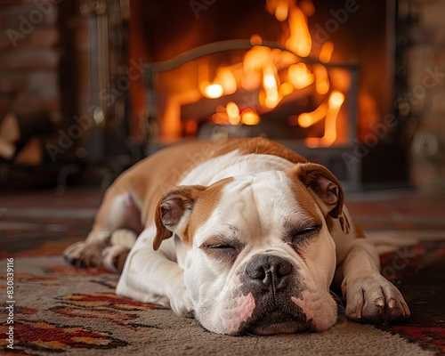 A serene American Bulldog resting beside a cozy fireplace, its eyes slowly closing as it enjoys the warmth and comfort of home