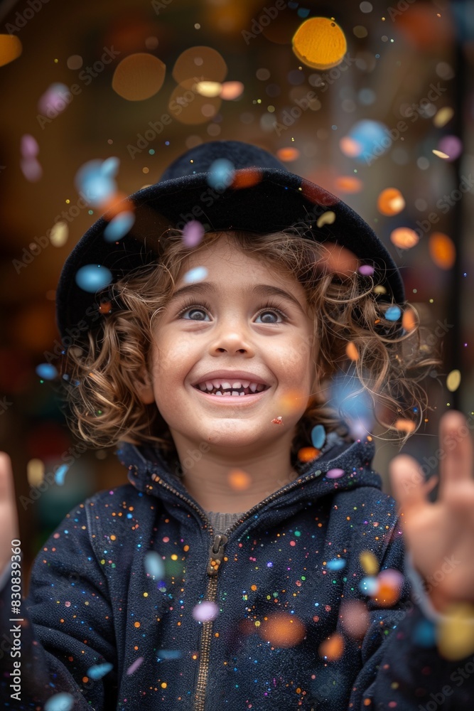 Little boy standing in front of confetti Little boy standing in front of confetti
