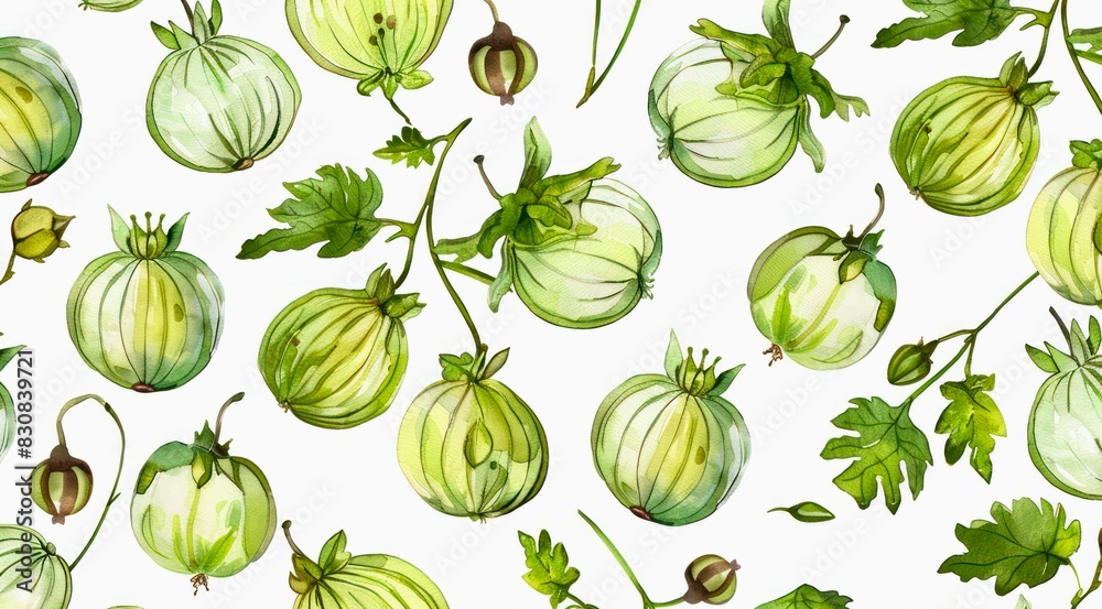 Green gooseberries on white background, watercolor pattern design. Green gooseberries on white background, watercolor pattern design.