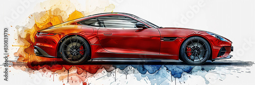 Red Sports Car Painted in Watercolor