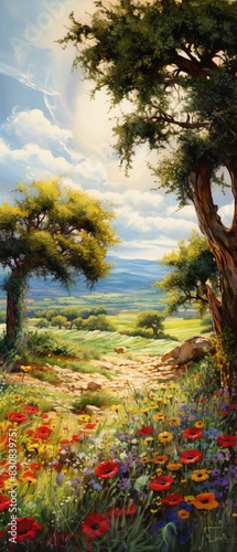 A sun-dappled olive grove in the heart of Tuscany  where ancient trees stretch their gnarled branches towards the sky amidst fields of vibrant wildflowers and rolling hills