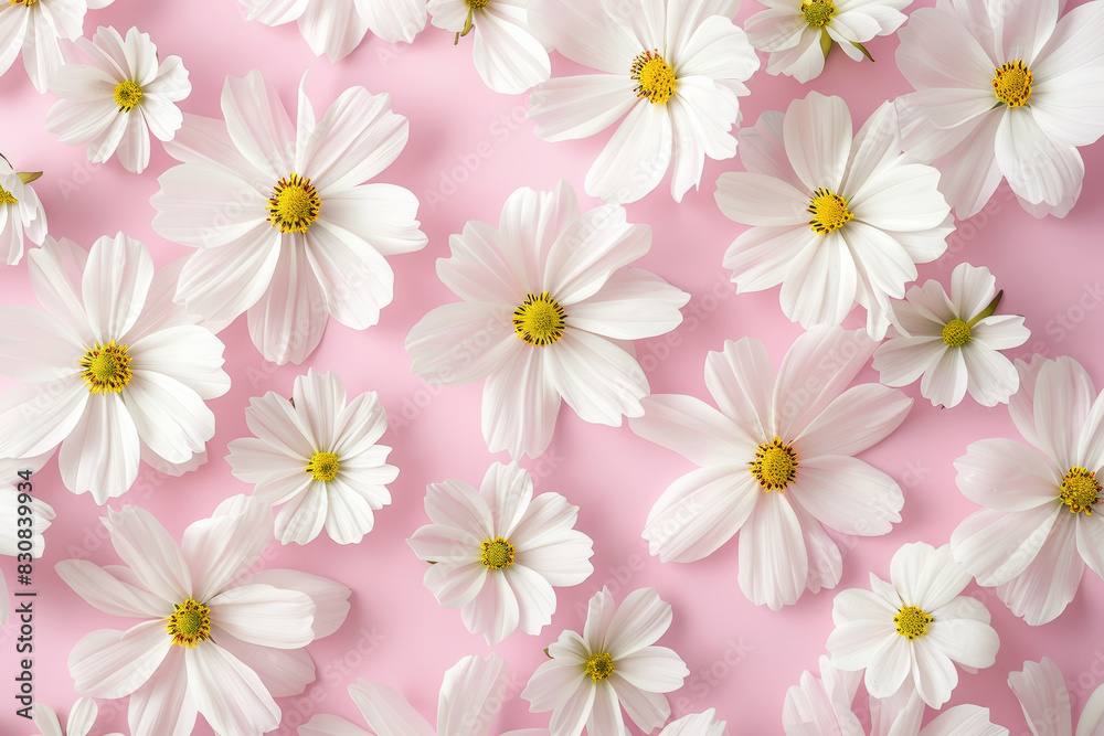 White Cosmos Flowers on Pink Pastel Background White Cosmos Flowers on Pink Pastel Background