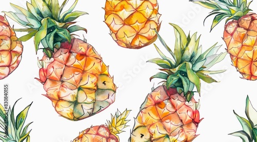 Set of pineapples on white background, watercolor pattern design.