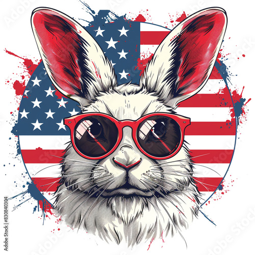 Rabbit Wearing Sunglasses With American Flag Background