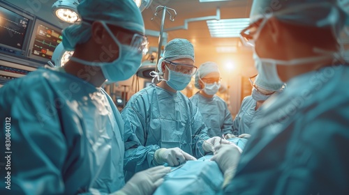 A busy surgical team is performing a complex operation in a well-lit, modern operating theater, indicated by the modern equipment and the focused atmosphere