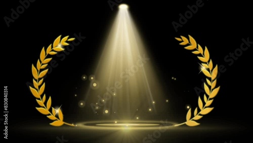 video illustration of a gold award frame under spotlights on a dark background