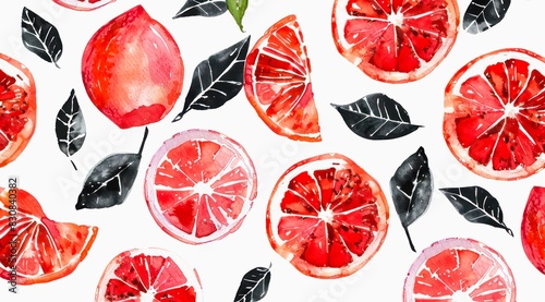Set of grapefruits on white background, watercolor pattern design.