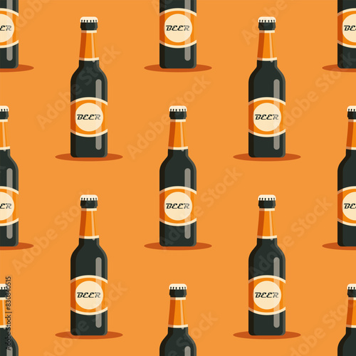 Beer vector seamless pattern. Stylized retro bottles on orange background.