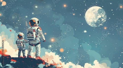 Whimsical of a Father and Child Dressed as Astronauts Gazing at the Moon and Stars Symbolizing the Wonder Curiosity and Boundless Ambition of Humanity s Journey to Explore the Cosmos