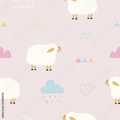 Seamless pattern with cute lamb, weather, cloud, and rain for your fabric, children textile, apparel, nursery decoration, gift wrap paper. Vector illustration