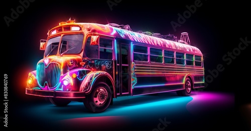 Colorful neon retro bus on a dark background with colorful lights