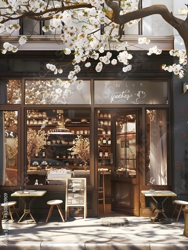 Stylish cafe facade with large windows  adorned by blooming trees  inviting patrons into a serene springtime city retreat.