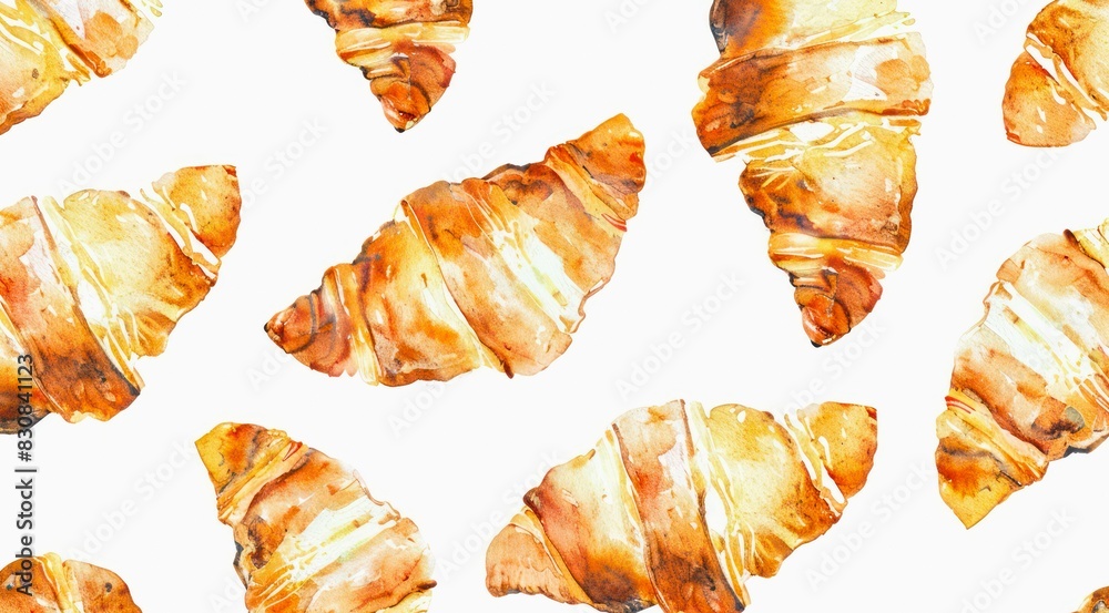 Croissants on white background, watercolor pattern design. Croissants on white background, watercolor pattern design.