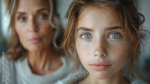 Close-up portrait of a young girl with bright blue eyes and an older figure slightly blurred in the background © familymedia