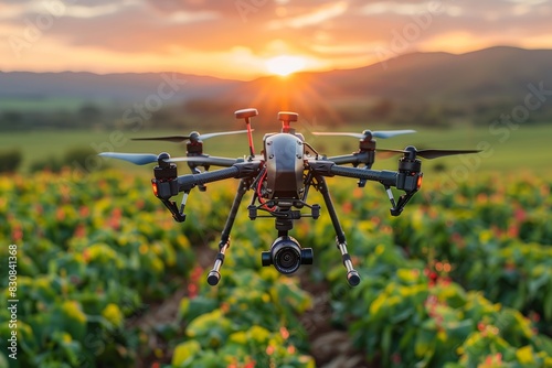 Quadcopter flying above crop field