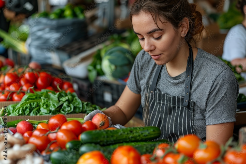 Woman working in vibrant vegetable market