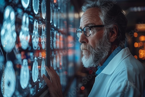 Man with glasses examining wall clocks