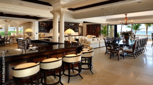 a fashionable kitchen, featuring pristine white surfaces, a sleek black countertop, and rich dark wood cabinets, illuminated by soft, warm natural light