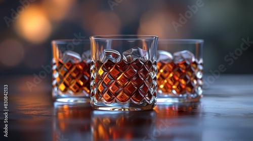 A trio of whiskey-filled glasses arranged neatly on a surface with a blurred background enhancing focus photo