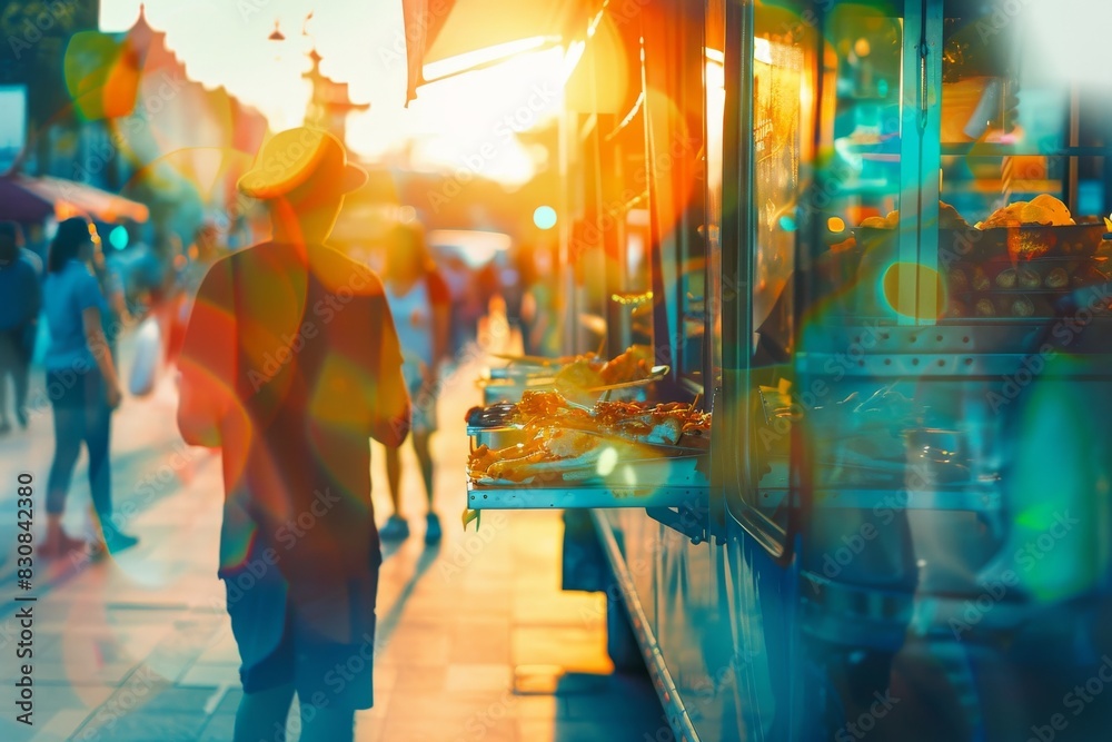 A vibrant scene of a street vendor and people walking at sunset, with beautiful bokeh lighting creating a lively and colorful atmosphere.