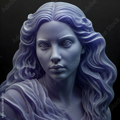 a hyper-realistic portrait of an aquatic queen with flowing hair graces a black background. © boubker