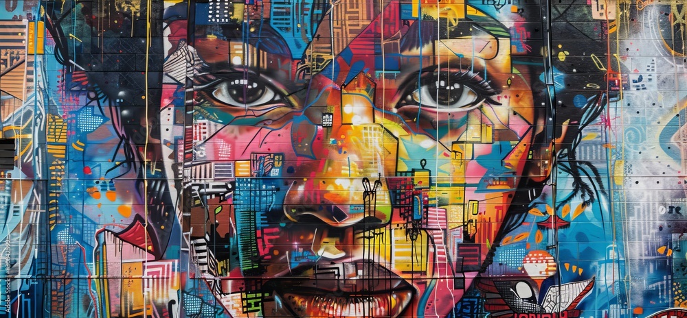 Fototapeta premium Large mural showcasing street art techniques and traditional patterns, focus on, creative expression, ethereal, Multilayer, cityscape backdrop