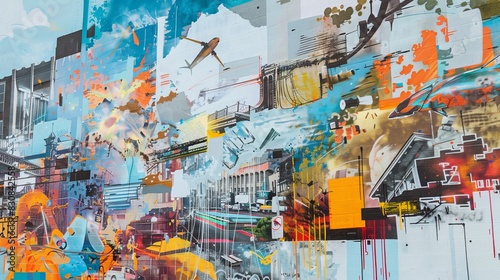Large mural showcasing a mix of street art styles and historical elements, focus on, cultural expression, ethereal, Multilayer, city wall backdrop
